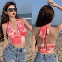 Red Tie Dyed V Neck Halter Top - Thumbnail 4