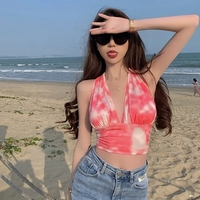 Red Tie Dyed V Neck Halter Top - Thumbnail 3