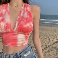 Red Tie Dyed V Neck Halter Top - Thumbnail 8