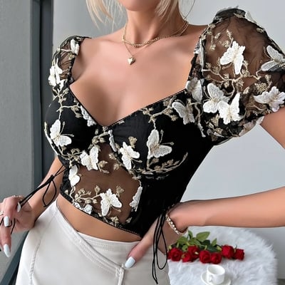 Butterfly embroidery puff short sleeve top