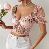 Butterfly Embroidery Puff Short Sleeve Top - Thumbnail 7