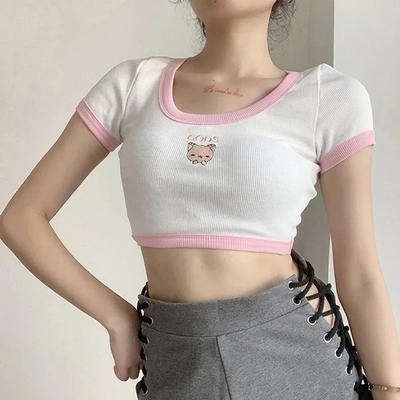 Cat Embroidery Patchwork Crop Top