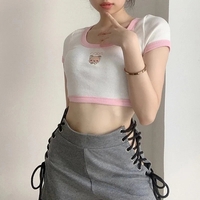Cat Embroidery Patchwork Crop Top - Thumbnail 2