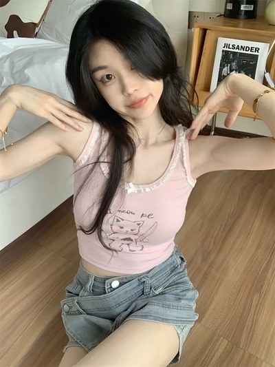 Pink Cat Lace Tank Top