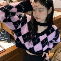 Black & Pink Lattice V Neck Sweater  - Thumbnail 1