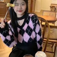 Black & Pink Lattice V Neck Sweater  - Thumbnail 2