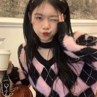 Black & Pink Lattice V Neck Sweater  - Thumbnail 3