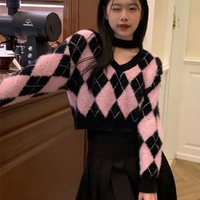Black & Pink Lattice V Neck Sweater  - Thumbnail 4
