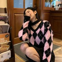 Black & Pink Lattice V Neck Sweater  - Thumbnail 6
