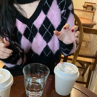 Black & Pink Lattice V Neck Sweater  - Thumbnail 7