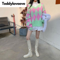 Green & Pink Lattice V Neck Sweater  - Thumbnail 3