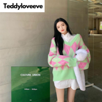 Green & Pink Lattice V Neck Sweater  - Thumbnail 5