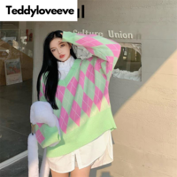 Green & Pink Lattice V Neck Sweater  - Thumbnail 6