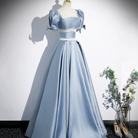 Unique Blue Satin Floor Length A-Line Prom Dress - Thumbnail 3