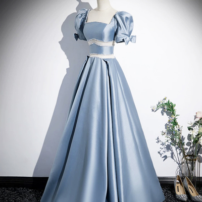 Unique blue satin floor length a-line prom dress - Thumbnail 2