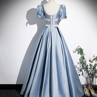 Unique Blue Satin Floor Length A-Line Prom Dress - Thumbnail 4