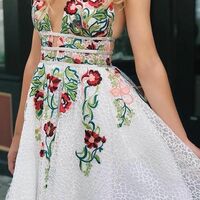 White Lace A-line V-neck Floral Applique Homecoming Dresses Party Dresses,1599 - Thumbnail 1