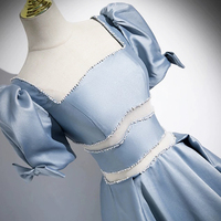 Unique Blue Satin Floor Length A-Line Prom Dress - Thumbnail 1