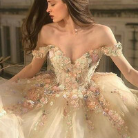 Gorgeous Off Shoulder Champagne Lace Floral Prom Dress,1601 - Thumbnail 1