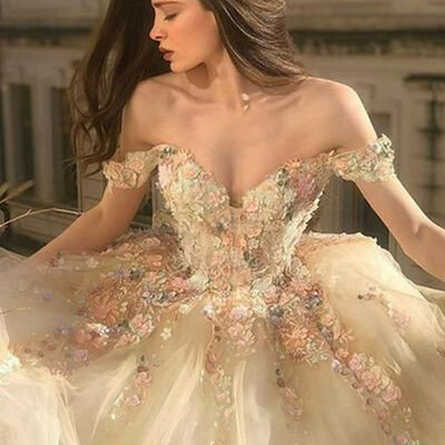 Gorgeous off shoulder champagne lace floral prom dress,1601 - Thumbnail 2