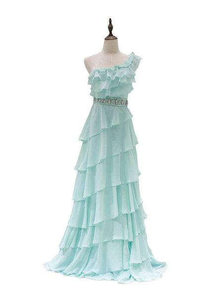 One Shoulder A-line CHiffon Prom Dress Beaded Floor Length Women Evening Dress,1603