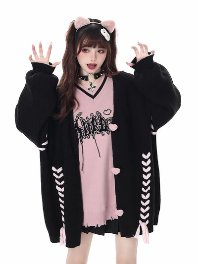 Preppy Heart Bandage V Neck Sweater 