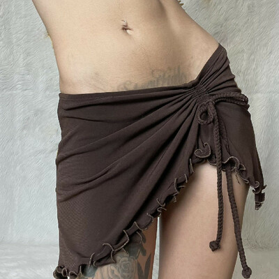 Brown Y2k Irregular Drawstring Low Waist Mini Skirt 