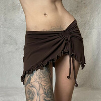 Brown Y2k Irregular Drawstring Low Waist Mini Skirt  - Thumbnail 4
