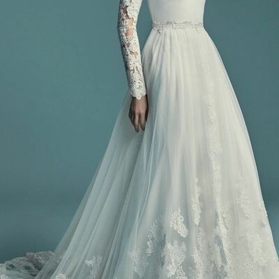 Long sleeves a-line white tulle wedding dress scoop neck women bridal gowns,1604 - Thumbnail 1