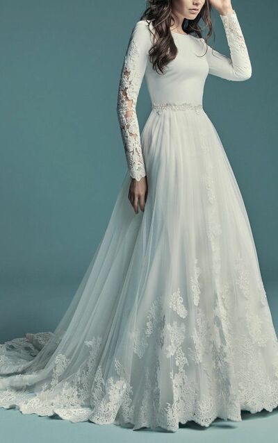Long Sleeves A-line White Tulle Wedding Dress Scoop Neck Women Bridal Gowns,1604