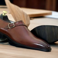 Men's Hand Stitched Single Buckle Style Burgundy Color Genuine Leather Loafer Shoes - Thumbnail 2