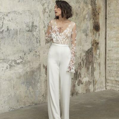 Romantic jumpsuits bridal outfit beach wedding dresses ankle length lace long sleeves reception gowns,1607 - Thumbnail 1