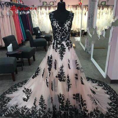 Sexy black lace appliques wedding dresses deep v neck backless tulle ruched court train real photo wedding reception dress bridal gowns,1609 - Thumbnail 2