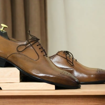 Bespoke lace up cap toe men's two shaded brown color genuine leather shoes - Thumbnail 1