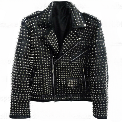 New handmade men's black full silver spiked studded brando cowhide leather jacket - Thumbnail 5
