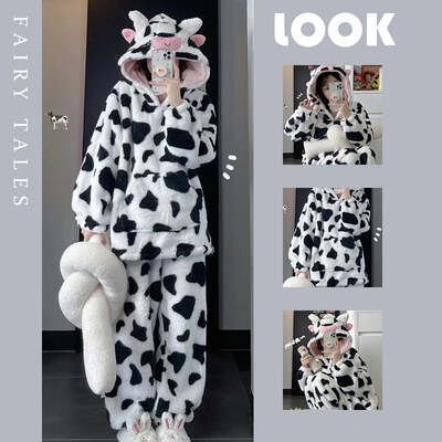 Cute cow pattern hooded pajamas set