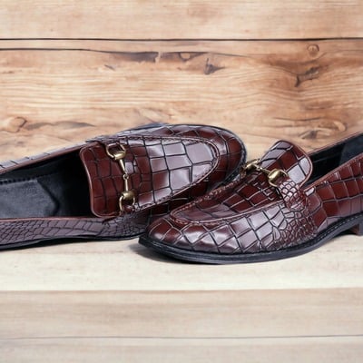 Men's bespoke alligator texture pure hanmade laether horse bit style burgundy color men's party shoes - Thumbnail 1