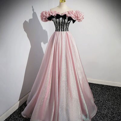 Beautiful pink shiny tulle long prom dress, off the shoulder evening party dress - Thumbnail 1