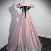 Beautiful Pink Shiny Tulle Long Prom Dress, Off the Shoulder Evening Party Dress - Thumbnail 3