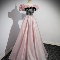 Beautiful Pink Shiny Tulle Long Prom Dress, Off the Shoulder Evening Party Dress - Thumbnail 1