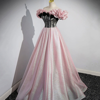 Beautiful Pink Shiny Tulle Long Prom Dress, Off the Shoulder Evening Party Dress - Thumbnail 2