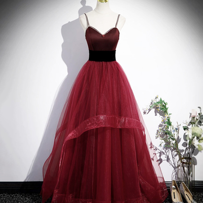 Burgundy spaghetti strap tulle long corset prom dress - Thumbnail 1