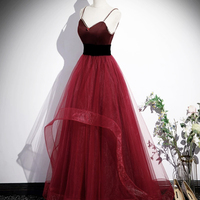 Burgundy Spaghetti Strap Tulle Long Corset Prom Dress - Thumbnail 1