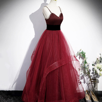 Burgundy Spaghetti Strap Tulle Long Corset Prom Dress - Thumbnail 3