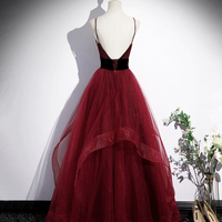 Burgundy Spaghetti Strap Tulle Long Corset Prom Dress - Thumbnail 2