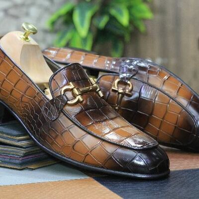 Bespoke handmade horse bit style men's two shaded brown color alligator texture leather loafer slip on moccasin shoes - Thumbnail 1