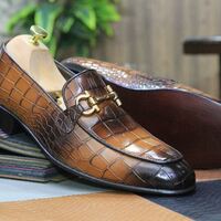 Bespoke Handmade Horse Bit Style Men's Two Shaded Brown Color Alligator Texture Leather Loafer Slip On Moccasin Shoes - Thumbnail 1