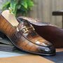 Bespoke Handmade Horse Bit Style Men's Two Shaded Brown Color Alligator Texture Leather Loafer Slip On Moccasin Shoes-1