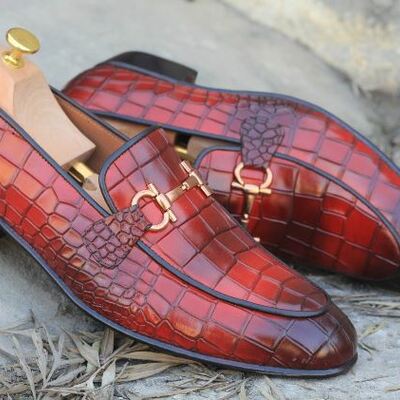 Men's handmade red color horse bit style alligator texture leather party wear men's classic shoes - Thumbnail 1