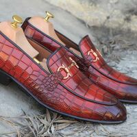 Men's Handmade Red Color Horse Bit Style Alligator Texture leather Party Wear Men's Classic Shoes - Thumbnail 1